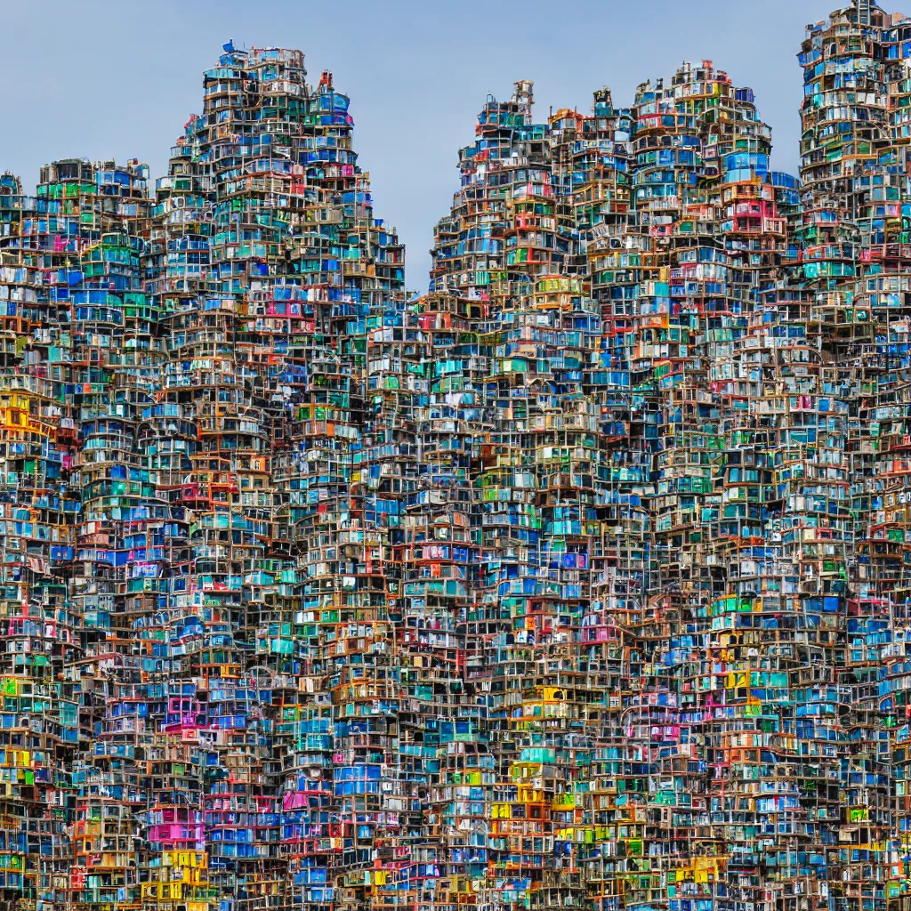 Image similar to a short circular tower, made up of colourful makeshift squatter shacks, vertical blank spaces, dystopia, sony a 7 r 3, f 1 1, fully frontal view, photographed by jeanette hagglund