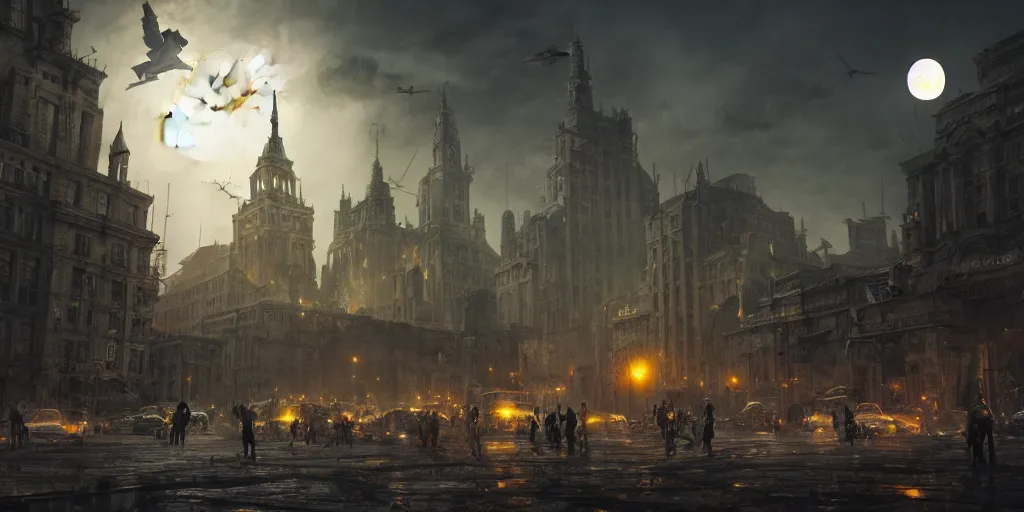 Image similar to a cinematic movie scene, 2 0 0 mm wide shot, a post - apocalyptic city with monuments, a dark yellow moon, bustling with people and flying cars, gothic environment, detailed illustration, sharp focus, concept art, unreal engine, octane render, god rays h 7 6 8