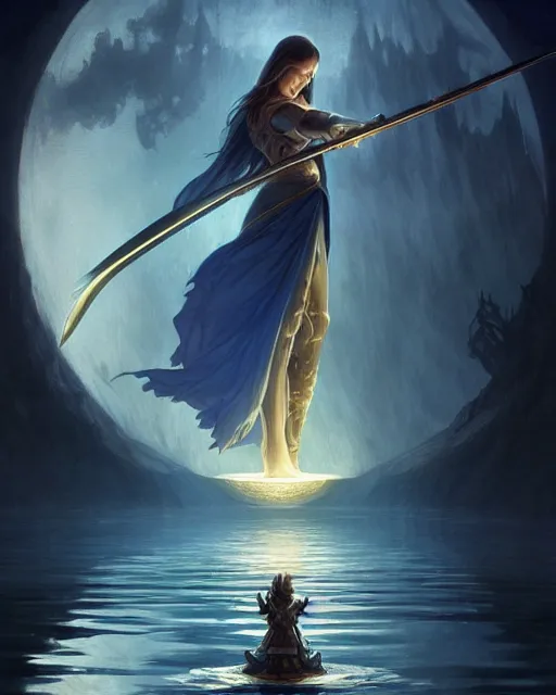 Image similar to a magic sword rising from the middle of a lake under a giant full moon, rippling reflections, western, D&D, fantasy, intricate, elegant, highly detailed, digital painting, artstation, concept art, matte, sharp focus, illustration, art by Artgerm and Greg Rutkowski and Alphonse Mucha, masterpiece, stunning, artstation