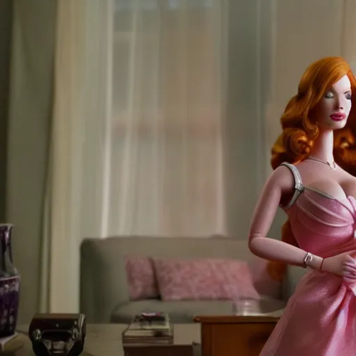 Image similar to amazing beautiful Christina Hendricks barbie doll in the living room, film still from the movie directed by Denis Villeneuve , wide lens