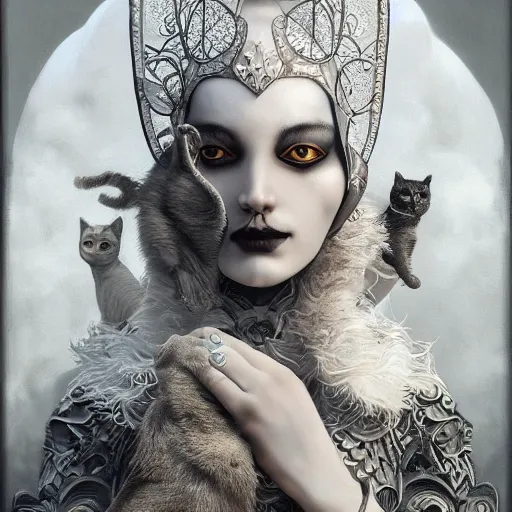 Image similar to actionism, soft painting curiosities carnival, beautiful cat in full gothic armor, symmetry accurate features, focus, very intricate ultrafine details, black white purple volumetric clouds, award winning masterpiece, octane render 8 k hd, tom bagshaw artstyle