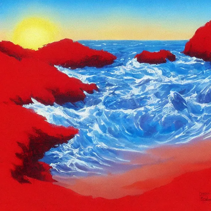 Image similar to a alien planet with a red ocean and blue sand and rocks at sunrise, bob ross painting, high coherence, highly detailed, high quality, masterpiece, award - winner, hyperrealistic