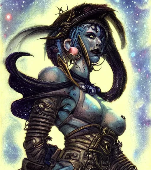 Image similar to portrait of female space pirate, night sky background, beautiful! coherent! by brom, by brian froud, deep color, strong line, high contrast