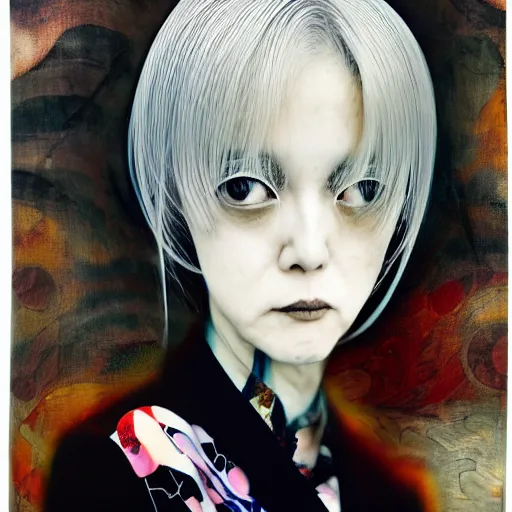 Image similar to yoshitaka amano blurred and dreamy realistic three quarter angle portrait of a woman with white hair and black eyes wearing dress suit with tie, junji ito abstract patterns in the background, satoshi kon anime, noisy film grain effect, highly detailed, renaissance oil painting, weird portrait angle, blurred lost edges