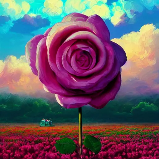 Image similar to giant rose in front of face and head, girl frontal in a flower field, surreal photography, sunrise dramatic light, impressionist painting, colorful clouds, digital painting, artstation, simon stalenhag