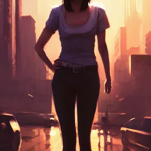 Image similar to portrait of a young mia wallace in front of a cyberpunk city, dramatic light, city background, sunset, high contrast, sharp, painted by stanley lau, painted by greg rutkowski, painted by stanley artgerm, digital art, trending on artstation