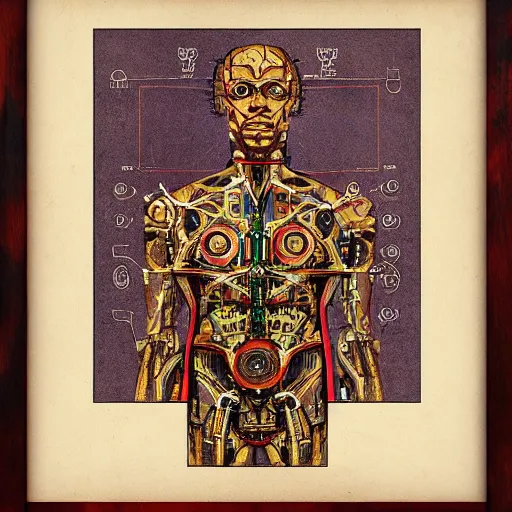 Image similar to cyborg as a vtruvian man blueprint by leonardo davinci