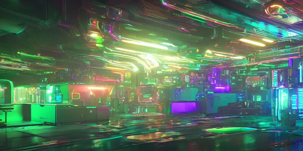 Image similar to a seamless HDRI of highly detailed circuitry and neural pathways in rainbow hues, cyberpunk, unreal engine 4K,