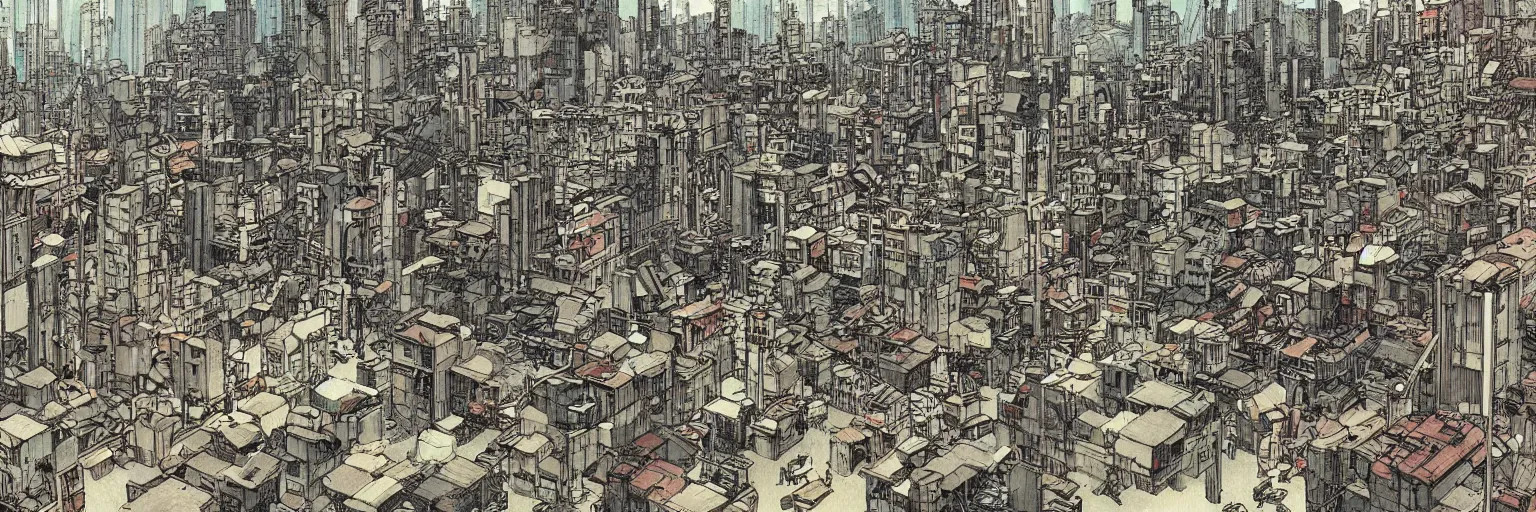 Image similar to dystopian city neighborhood slums by Katsuhiro Otomo