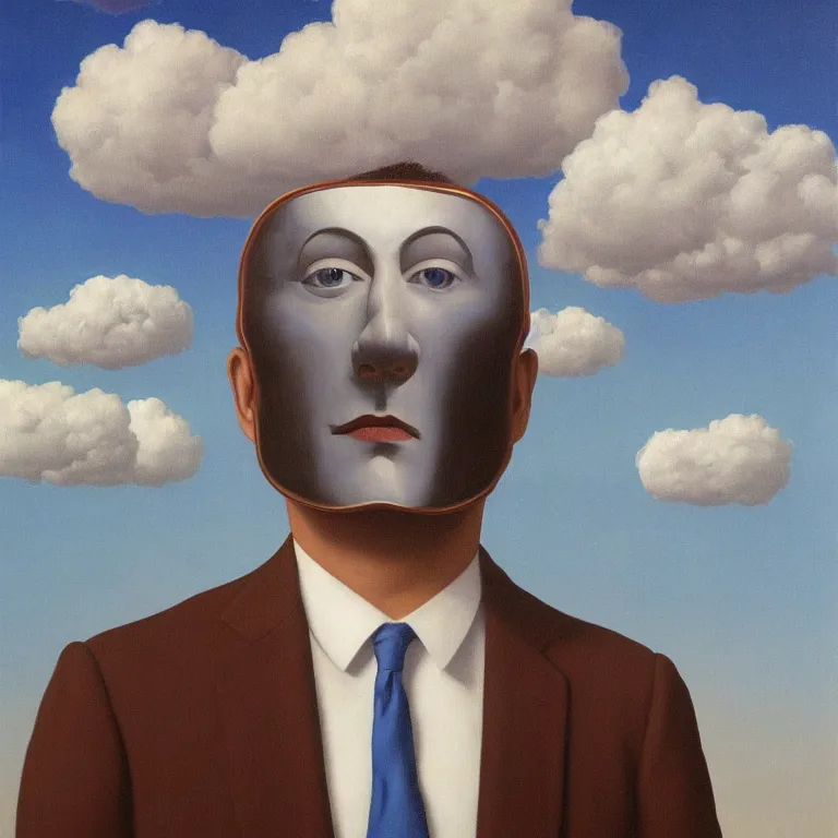 Image similar to portrait of a faceless chrome - head man in a suit, clouds in the background, by rene magritte, detailed painting, distance, centered, hd, hq, high resolution, high detail, 4 k, 8 k