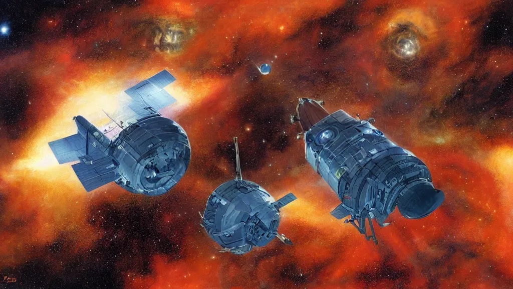 Prompt: sci fi spacecraft in a nebula by peter elson