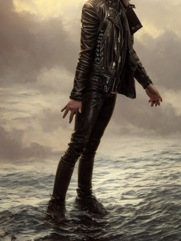 Prompt: a beautiful and detailed matte painting of a young blonde male teenage boy wearing a leather jacket walking on water, fantasy, d & d, dark eyeliner, intricate, elegant, highly detailed, digital painting, artstation, concept art, matte, sharp focus, illustration, art by greg rutkowski and alphonse mucha