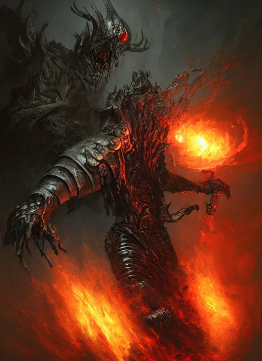 Prompt: powerful undead litch, dark souls boss, magic swirling, painted by raymond swanland