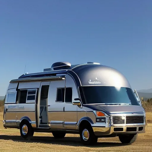 Image similar to an inflated stainless steel chrome Winnebago, solarpunk