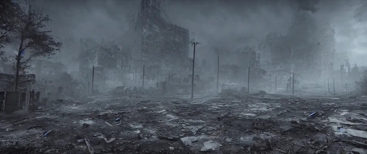 Prompt: post-apocalyptic urban warfare nightmare, decaying wasteland enshrouded in swirls of radioactive fog , high quality, volumetric lighting, cryengine, 8k