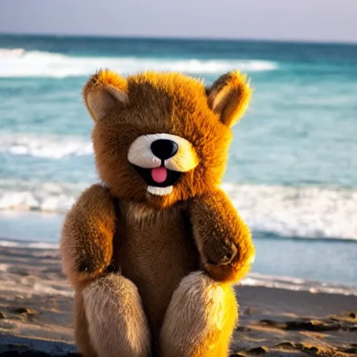 Prompt: an adorable fierce furry monster with long floppy rabbit ears chubby bear body and wolf legs, Smiling at the camera with a mischievous grin, happy lighting, at a tropical beach