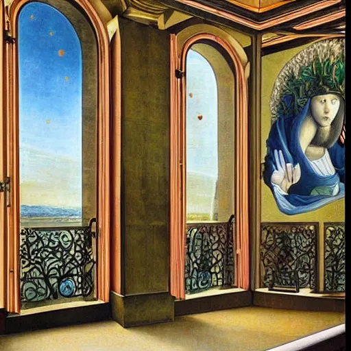 Image similar to giant mansion room 4 stories tall with balconies and windows, walls filled with modern art paintings, doors that are cosmic portals, painting by Botticelli