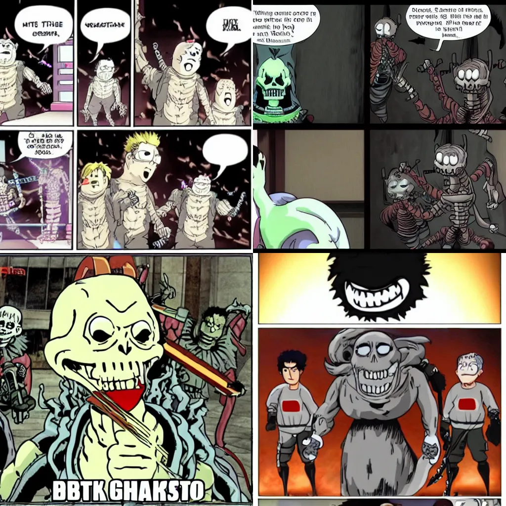 Prompt: ghostbusters fight berserk skeleton meme
