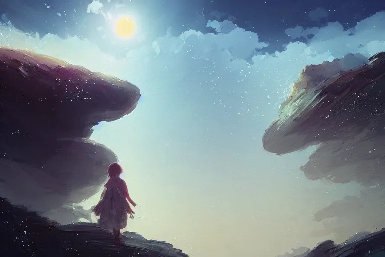 Image similar to giant white daisy flower as a face, girl walking on cliff, surreal photography, solar eclipse, stars, dramatic light, impressionist painting, clouds, digital painting, artstation, james gilleard, liam wong, jeremy mann, simon stalenhag