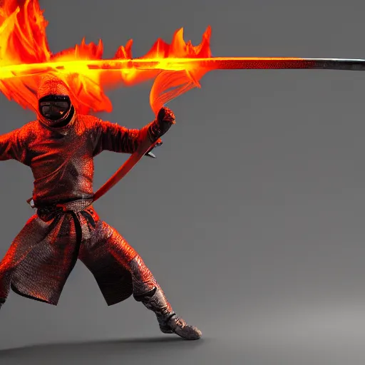 Image similar to a ninja with a sword in a fire background, 3 d render octane, trending on artstation