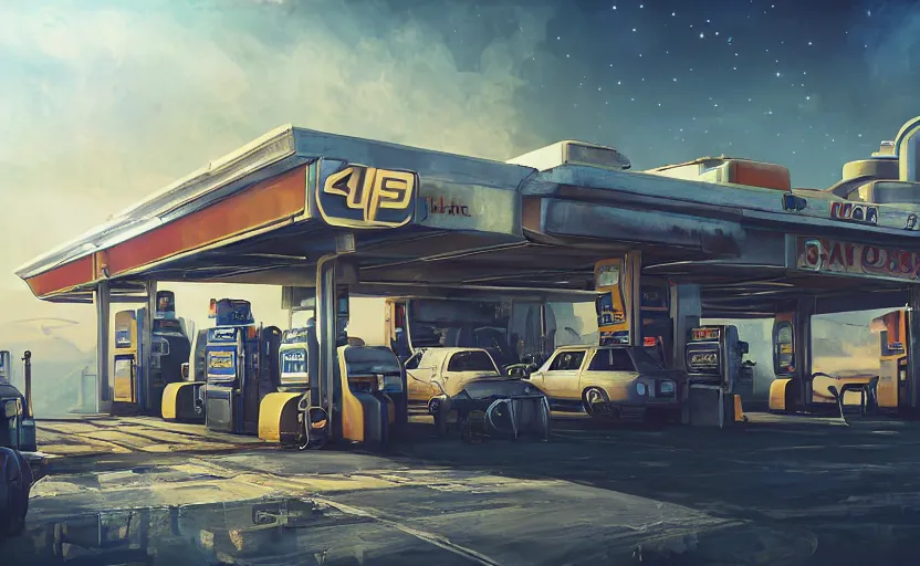 Image similar to gas station in space, 4 k, polished, photorealistic, steampunk, hard edges, zoomed in, very coherent, sharp focus, rim light, exquisite lighting, hard edges, sci - fi, print, cinematic, game art, concept art, octane