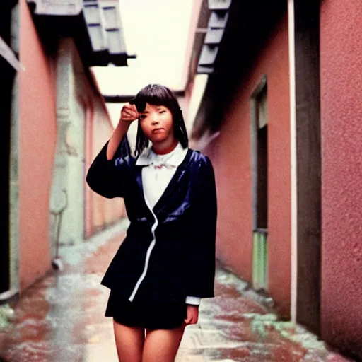 Image similar to 1990s perfect 8K HD professional cinematic photo of close-up japanese schoolgirl posing in sci-fi dystopian alleyway at morning during rain, at instagram, Behance, Adobe Lightroom, with instagram filters, depth of field, taken with polaroid kodak portra