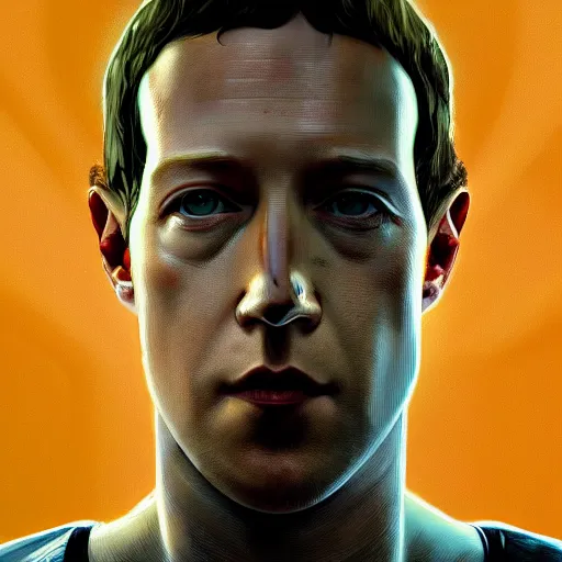 Prompt: imposing, ominous portrait of cyborg Mark Zuckerberg as a grand theft auto 5 loading screen, symmetry, front view, intricate, studio, art by anthony macbain + greg rutkowski + alphonse mucha, concept art, 4k, sharp focus