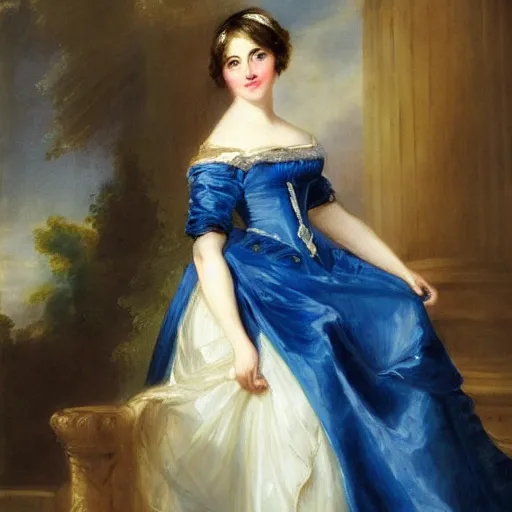 Image similar to A detailed oil painting of a beautiful Regency-era girl by Thomas Lawrence. The girl wears a 1810's style gown with the Empire silhouette.