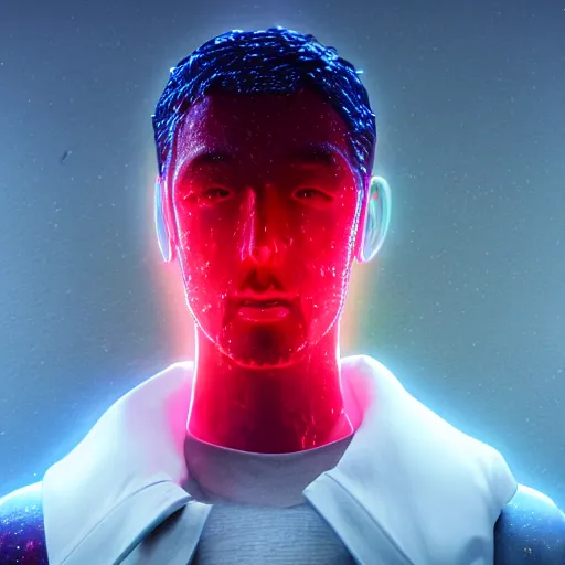 Prompt: a human made out of rain, neon, rendered in octane, unreal engine, realistic