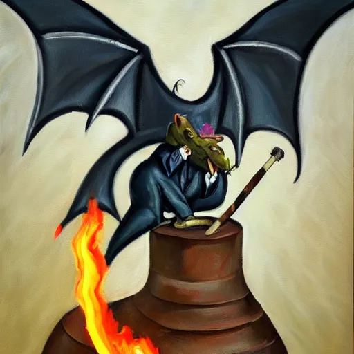 Image similar to oil painting of a dragon wearing a suit and smoking a cigar