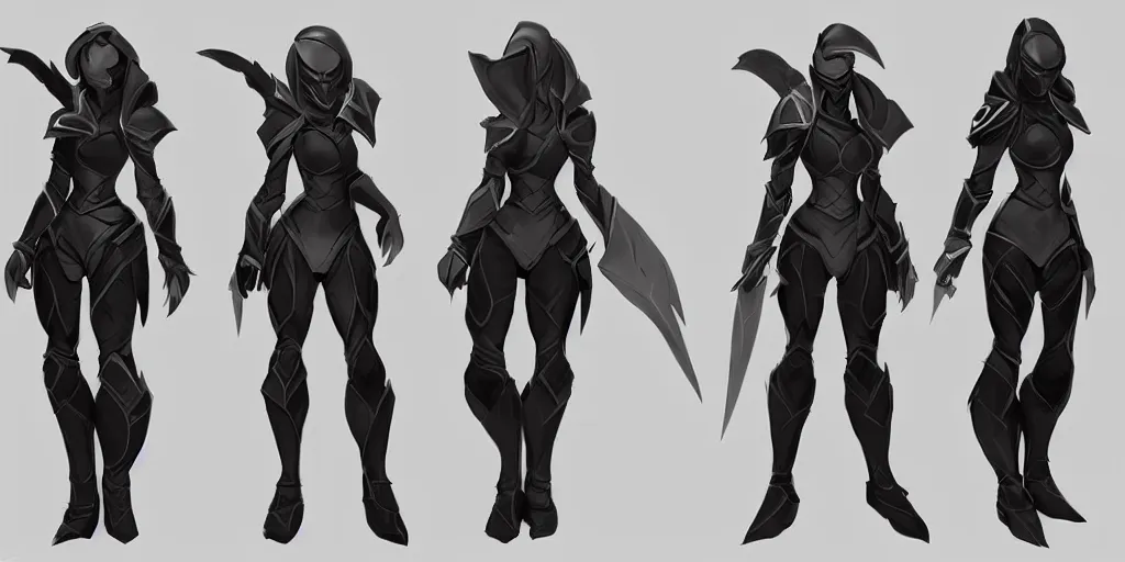 Prompt: three different views of a rogue armor set for dota 2, concept art by senior character artist, trending on artstation, artstation hd, full body