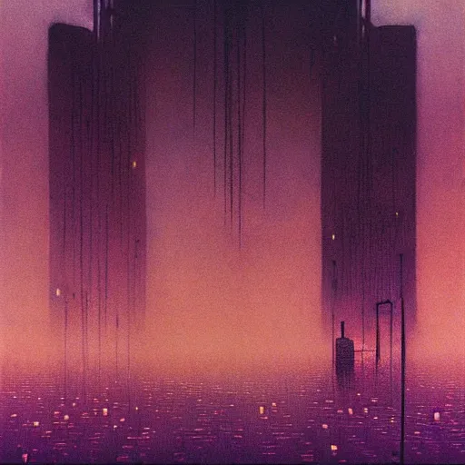 Prompt: purple cyberpunk city, by Beksinski