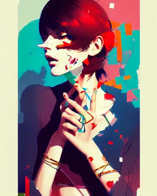 Image similar to a ultradetailed beautiful painting of a stylish woman with colorful band - aids, concert poster, retro, by conrad roset, greg rutkowski and makoto shinkai