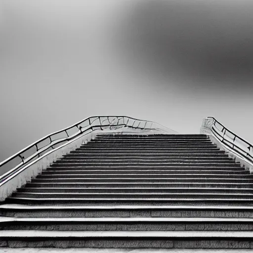 Image similar to black and white surreal photograph, highly detailed vast space made of stairsteps, sideview, detailed textures, natural light, mist, architecture photography, film grain, soft vignette, sigma 1 4 mm f / 1. 4 1 / 1 0 sec shutter, imax 7 0 mm footage