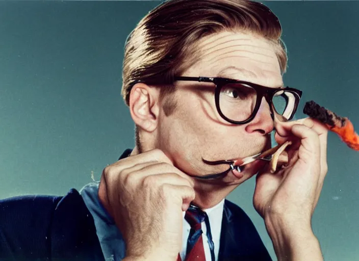 Prompt: color photo. stock market. handsome man wearing aviation glasses and smoking a cigarette in the 8 0's