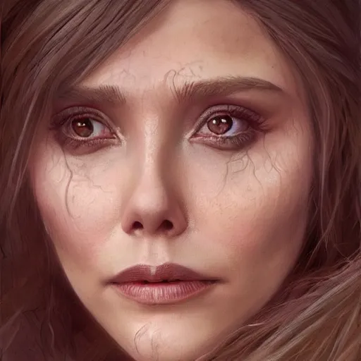 Image similar to portrait of Elizabeth Olsen as a sorceress, looking at camera, D&D, intricate, elegant, stylish, cute smile, mouth slightly open, fantasy, extremely detailed, digital painting, artstation, concept art, smooth, sharp focus, illustration, stunning lighting, art by artgerm and greg rutkowski and alphonse mucha and simon stalenhag.