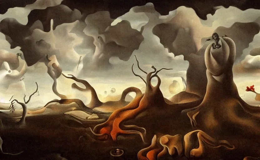 Image similar to strange disturbing surrealistic landscape with very small strange figures in the distance with large looming biomorphic figures looming inthe foreground, cast shadows, chiaroscuro, painted by dali and rachel ruysch, timeless disturbing masterpiece