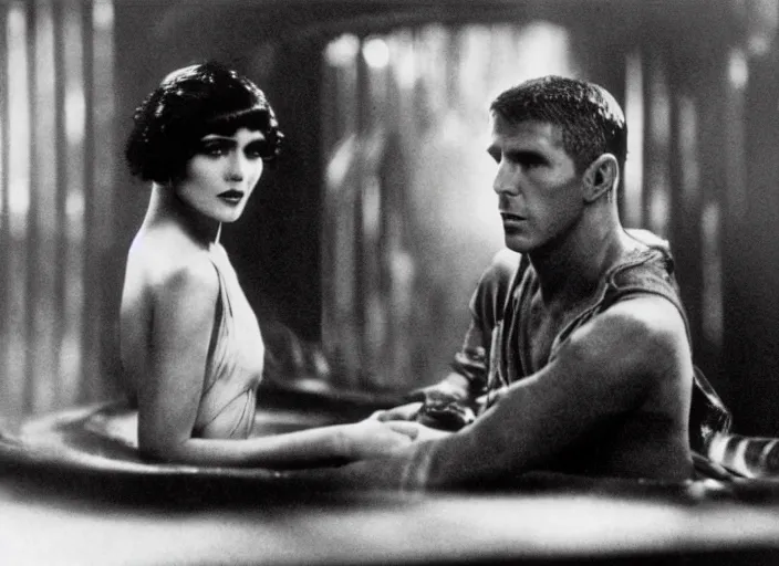 Prompt: scene with Deckard and female replicant from the 1912 science fiction film Blade Runner