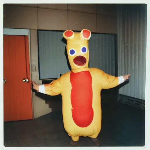 Prompt: person dressed in a hotdog costume attempting to buy a used car, polaroid photograph from 1993