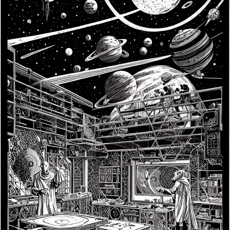 Image similar to ancient alchemist wizards laboratory, ceiling open to outerspace, high details, intricate clean line art, by vincent di fate, inking, 3 color screen print, masterpiece, trending on artstation, sharp, high contrast, hyper - detailed, hd, 4 k, 8 k