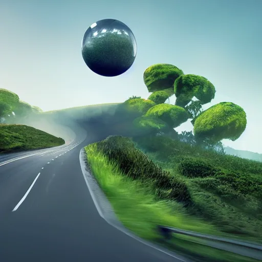 Prompt: a spherical car driving down the road with t - rex dancing behind it, smoky, green hills, many interstellar plants, futuristic concept design, atmospheric landscape, digital art, unreal engine, 8 k, cinematic level.