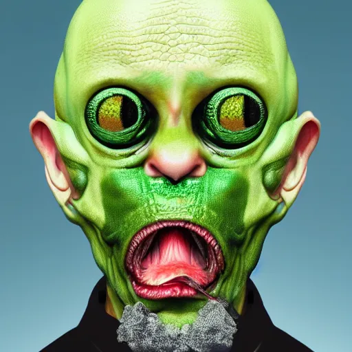 Image similar to A hyperrealistic digital painting of a bald man with creepy frog eyes, a frog tongue, and slimy green skin