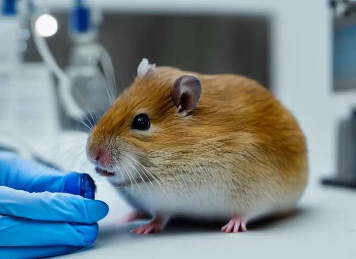 Image similar to film still of a hamster working in a research lab finding the cure for cancer, 8 k