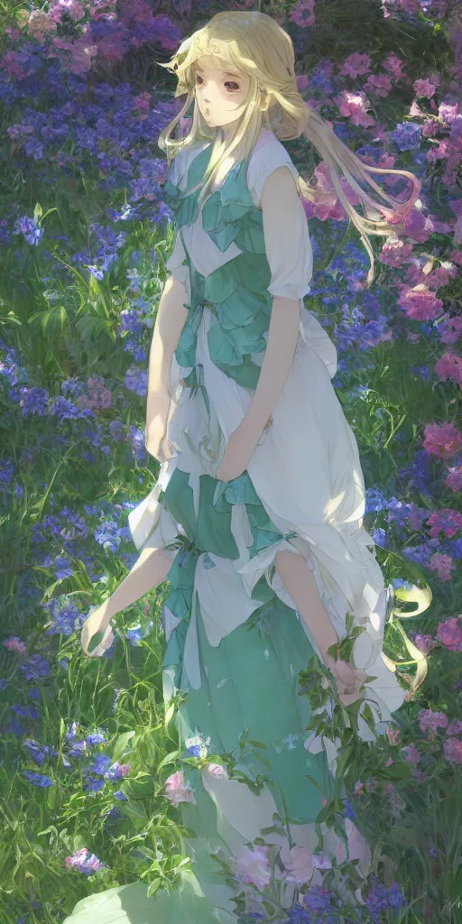 Image similar to a digital art of a loli with long hair in a dress in the privet garden at after noon, green and warm theme, blue flowers accents, back lighting, by krenz cushart and mucha and akihito yoshida and greg rutkowski and makoto shinkai, highly detailed, 4 k resolution, trending on art station