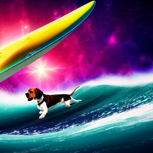 Image similar to photo of a beagle surfing a surfboard on a crashing l wave of alien ocean in space, background is an alien galaxy, aliens in the background, alien colors, octane render, unreal engine, wide view, 8 k, high detaild