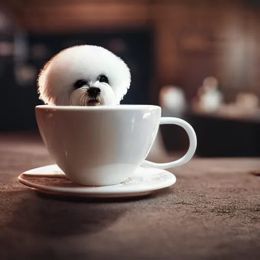 Image similar to a closeup photorealistic photograph of barista drawing bichon frise shaped latte art in a cup. professional capture, well lit shot. this 4 k hd image is trending on artstation, featured on behance, well - rendered, extra crisp, features intricate detail, epic composition and the style of unreal engine.