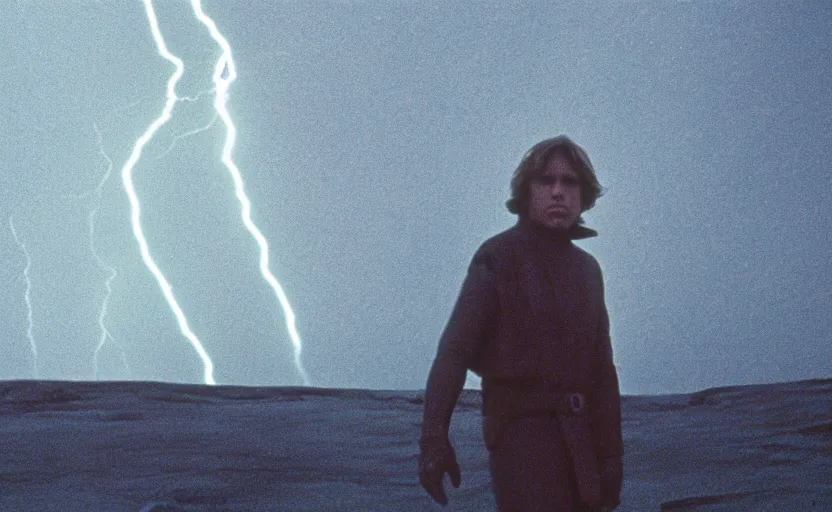 Image similar to screenshot portrait shot of Luke Skywalker on a lightning planet, moody jagged dark landscape, from the 1970s sci fi thriller by Stanely Kubrick , no people, no man, lost world, sharp focus, color kodak stock, ektochrome, anamorphic lenses, detailed faces, moody cinematography