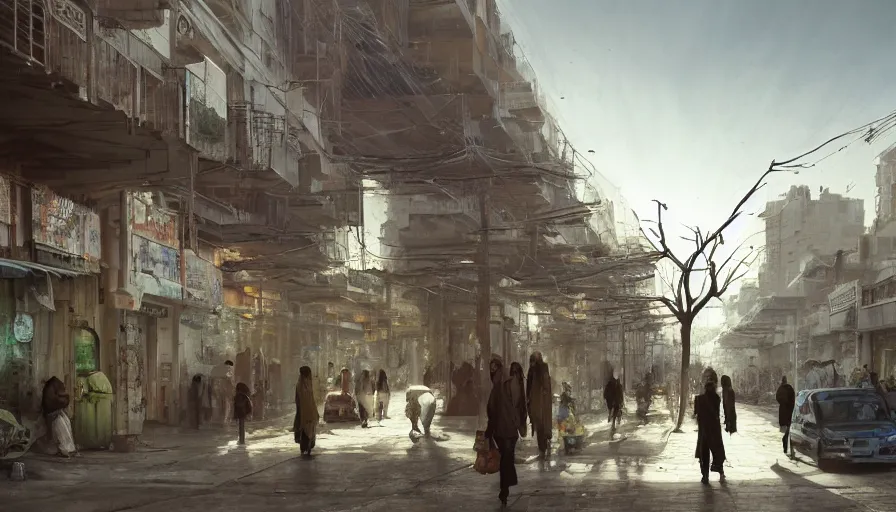 Image similar to modern jeddah city street, roshan, shops, a bright pharmacy, a nomad wearing a worn out coat, plants, tree, dramatic lighting, sci fi, by caspar david friedrich by james gilleard and justin gerard, centered, artstation, smooth, sharp focus, photoreal octane render, by jean baptiste monge, gustave dore, deviantart