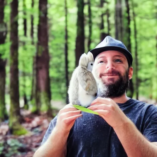 Prompt: photo of a man holding a mirror in a forest with a bunny on his shoulder