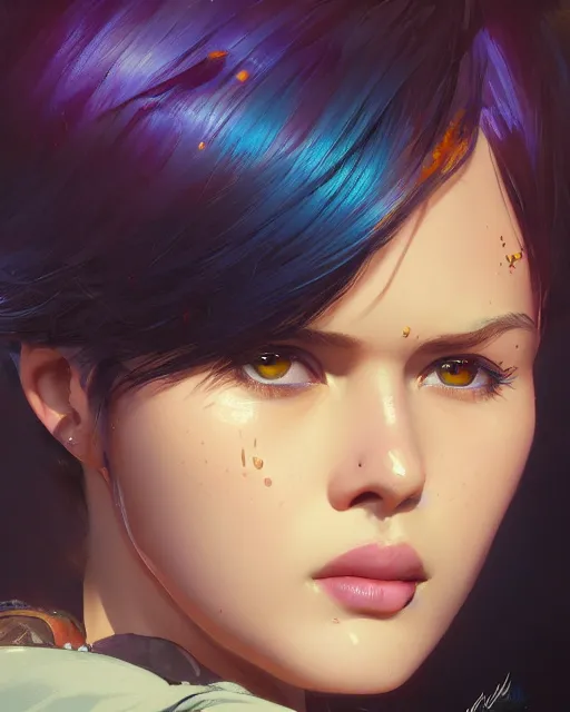 Image similar to cute - fine - face, pretty face, oil slick hair, realistic shaded perfect face, extremely fine details, by realistic shaded lighting, dynamic background, poster by ilya kuvshinov katsuhiro otomo, magali villeneuve, artgerm, jeremy lipkin and michael garmash and rob rey, and silvain sarrailh